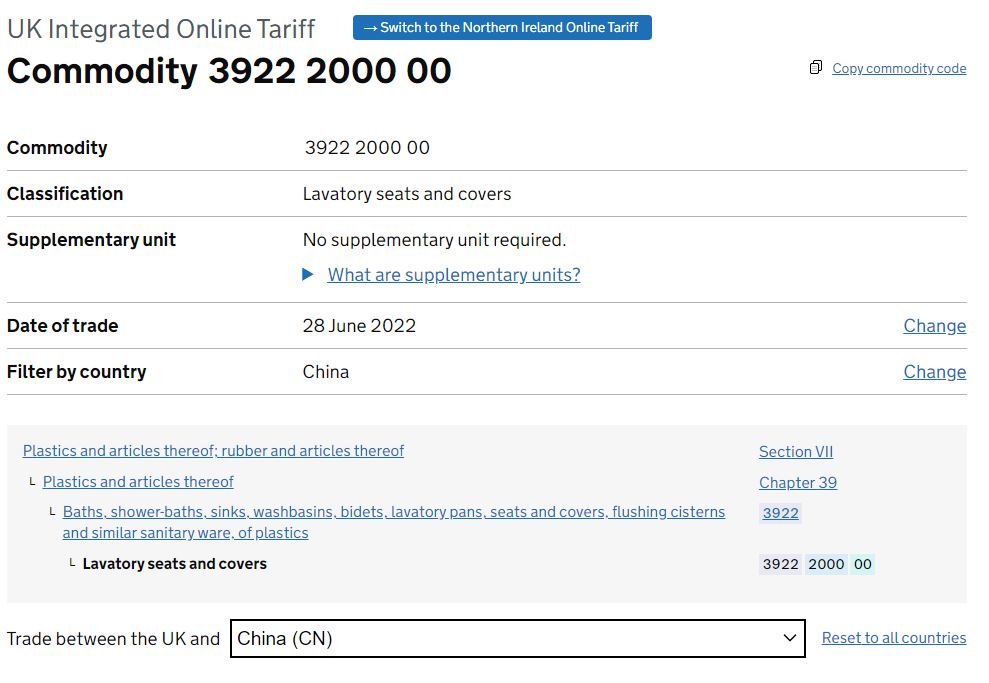 UK trade Tarrif for Toilet seat from China