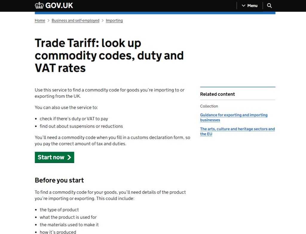 UK Trade Tariff Home page