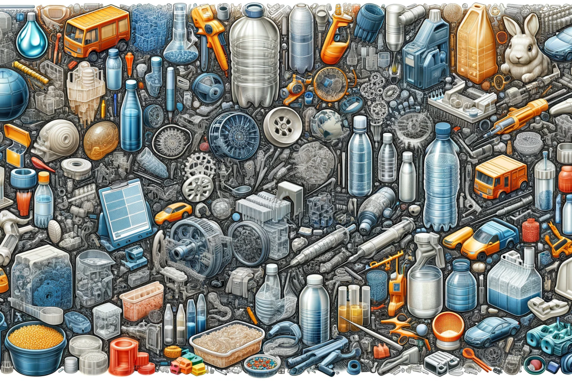DALL·E 2023-12-14 16.54.22 - An intricate, detailed depiction of various plastics and their applications in injection moulding, without any text labels. The image should show diff